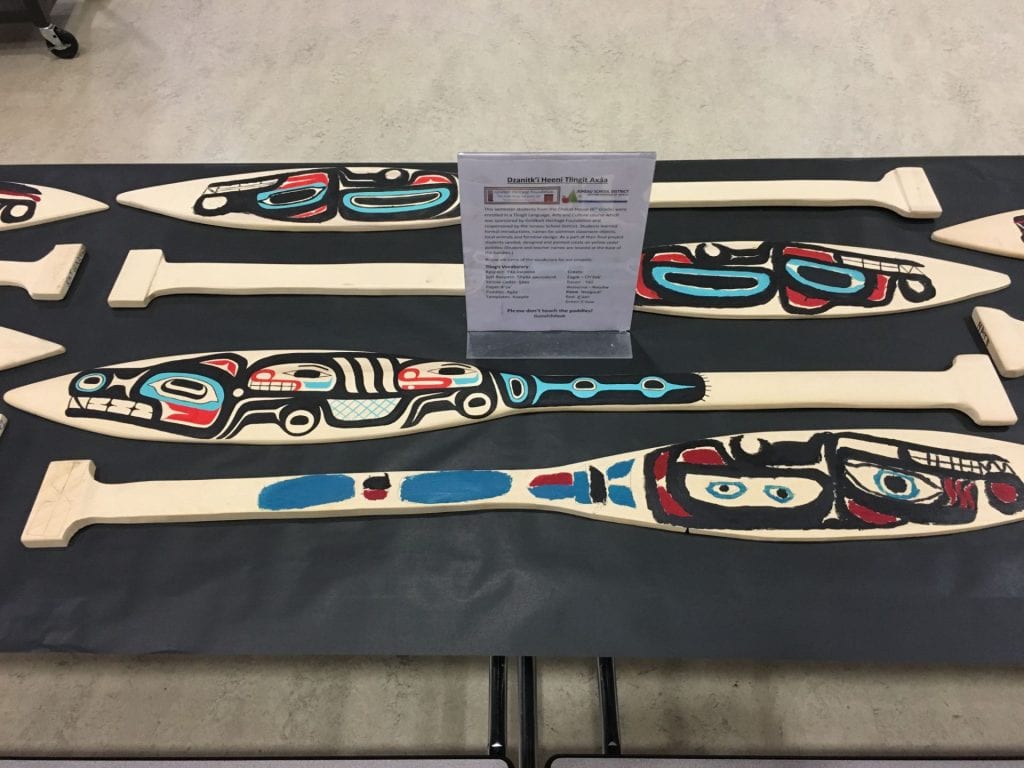 Carved and painted Tlingit paddles made at the Dzantik’i Heeni Middle School's makerspace.