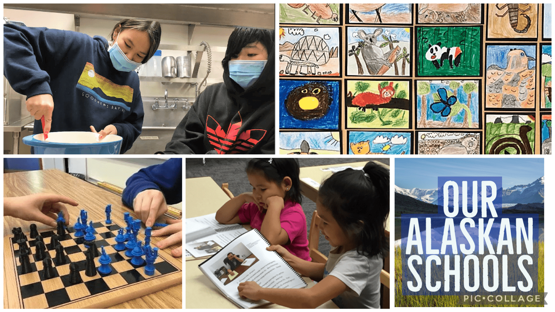 Photo collage of students mixing ingredients in a bowl, students reading, hands playing chess, and student artwork