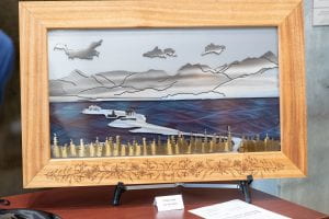 Large (4 feet by 3 feet) Scene of a River made with metal in a large wooden frame.